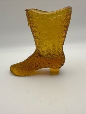 Vintage Mosser Amber Glass Boot 4 1/4" Fine Cut Diamond Pattern